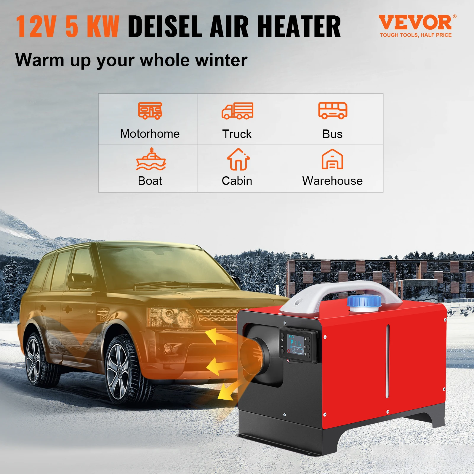 VEVOR Diesel Air Heater 5KW 12V Parking Heater Single Outlet Hole Black LCD Remote Control For RV Truck, Boat, Bus, Car Trailer