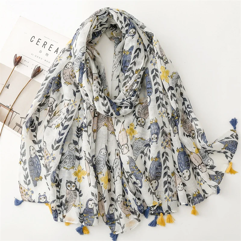 Fresh cartoon scarf with cotton feel scarf branches owl scarf travel sunscreen shawl