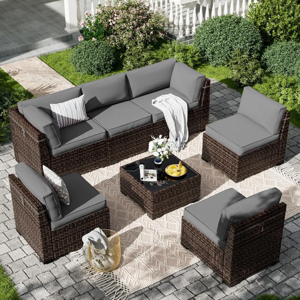 

7 Pieces Patio Furniture Set, Outdoor Furniture Sectional Sofa Set with Slanted Back, Patio Couch with Glass Coffee Table for B