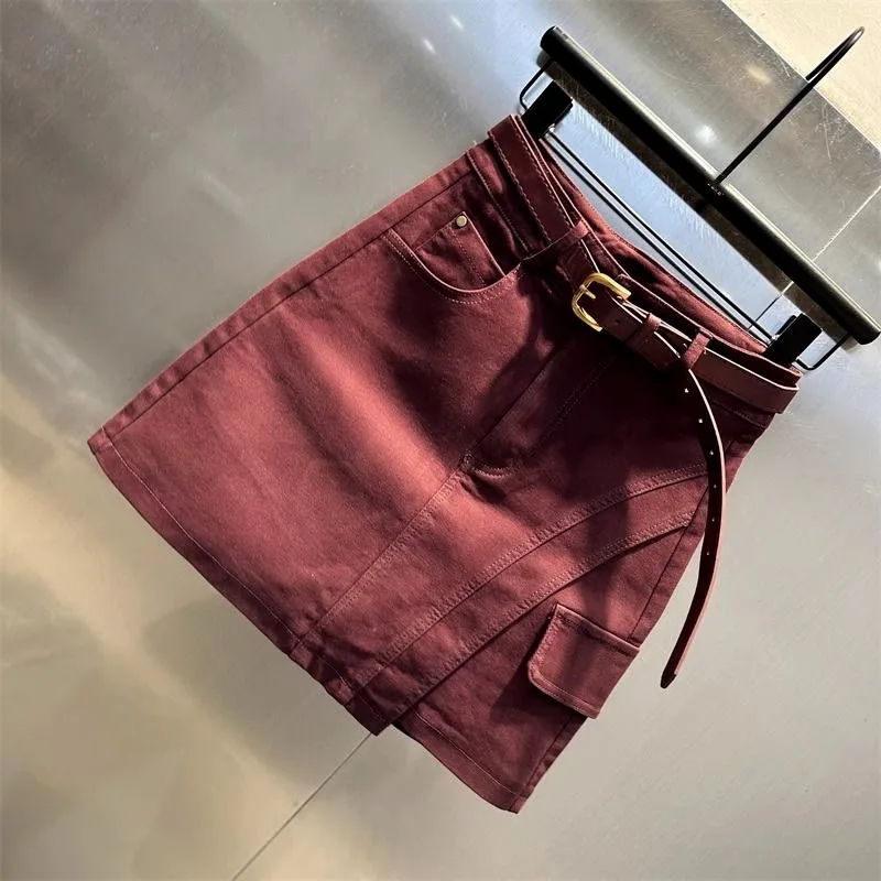 Fashion Versatile Spice Girl Short Skirt Women's Autumn New Ankela Red High-waisted Slimming and Concealing Denim A-line Skirt