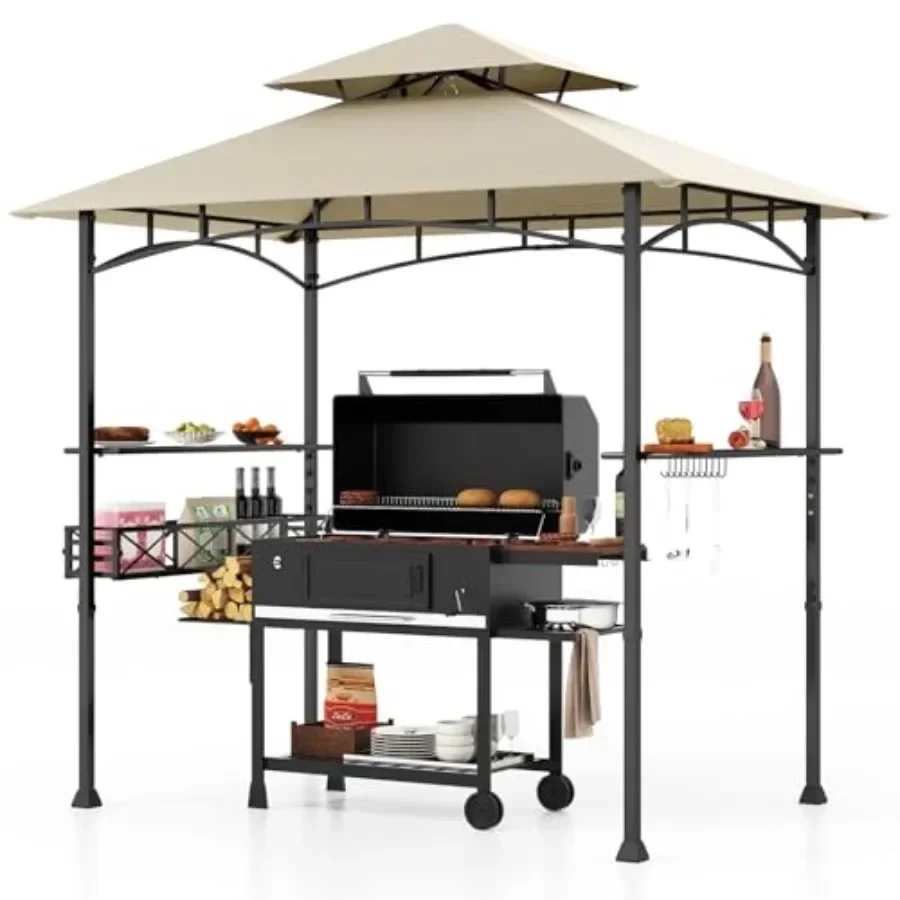 8x5 Feet Grill Gazebo 2-Tier Barbecue Gazebo with 2 Shelves 20 Hanging Hooks Bottle Opener Storage Basket Outdoor Grill  for Ba