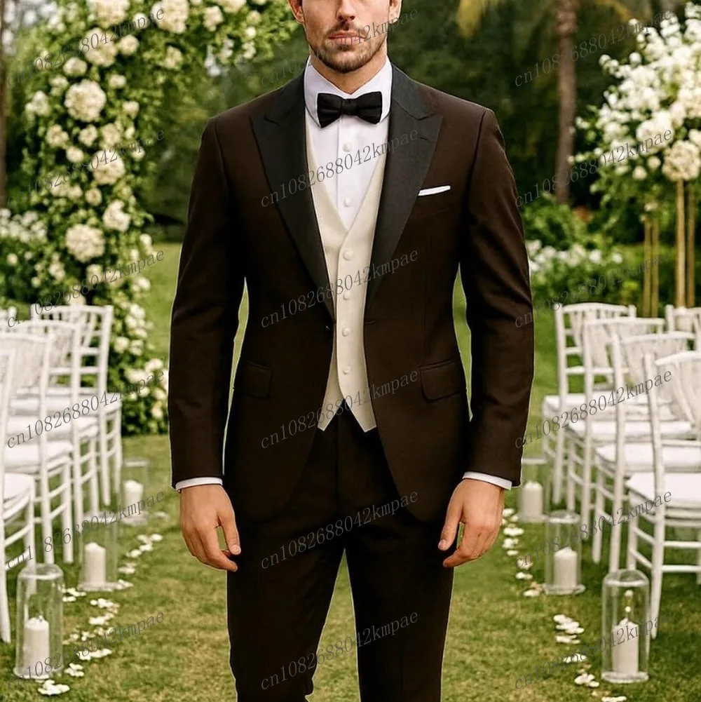 

Официальный мужской костюм темно-коричневого цвета и цвета слоновой кости, жених, свадебная вечеринка, выпускной, деловые мужские смокинги, комплект из 3 предметов, пиджак, жилет, брюки