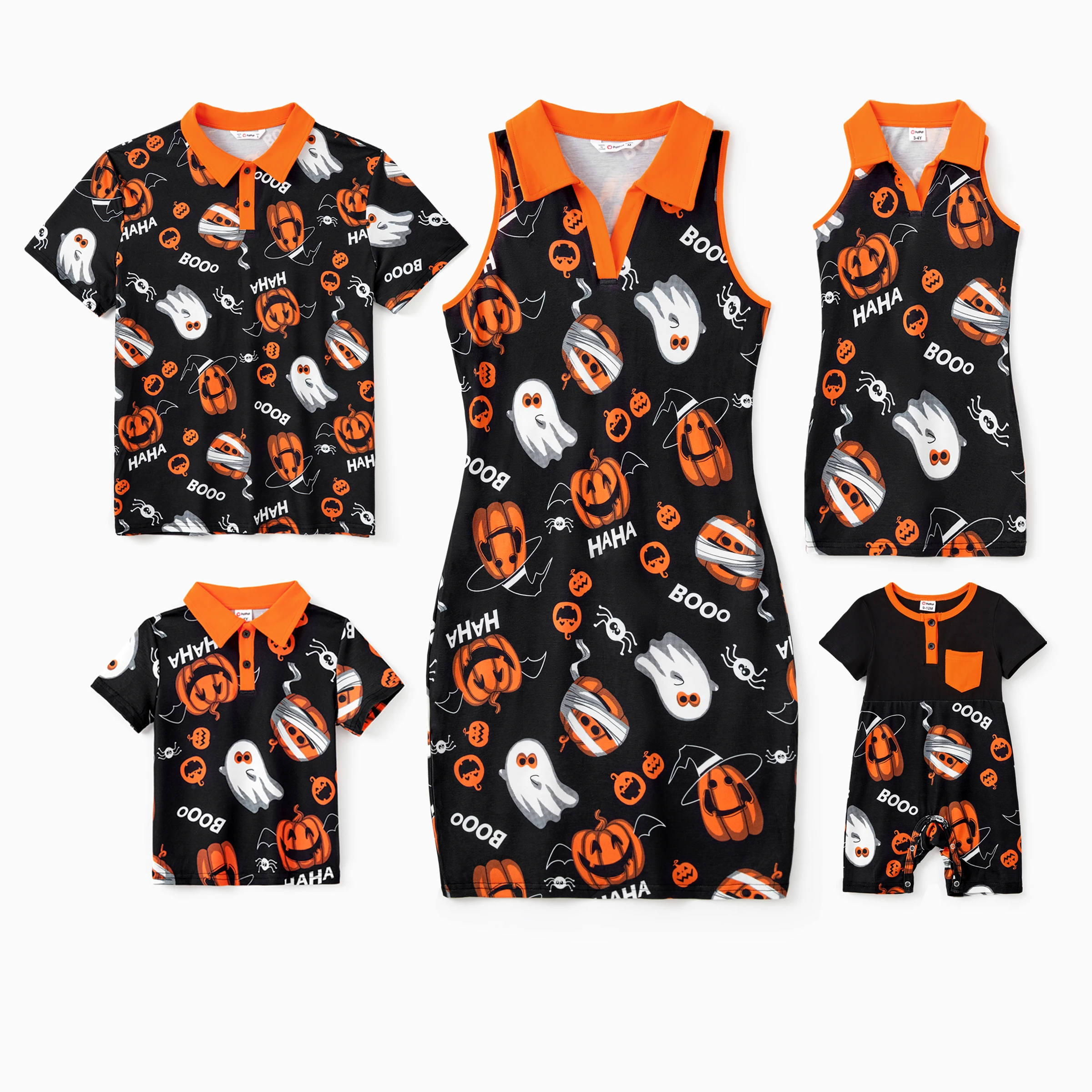 

PatPat Halloween Family Matching Sets Allover Pumpkin Ghost Spiderweb Pattern Polo Shirt or Ruched Sleeveless Dress