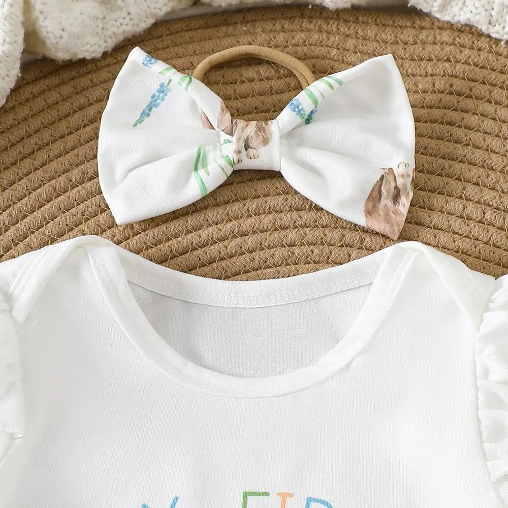 

Комплект из 3 предметов: модный летний пасхальный наряд для младенцев, комбинезон с коротким рукавом, принтом-надписью и рюшами, милый кролик, повязка на голову с бантом, пасхальный набор