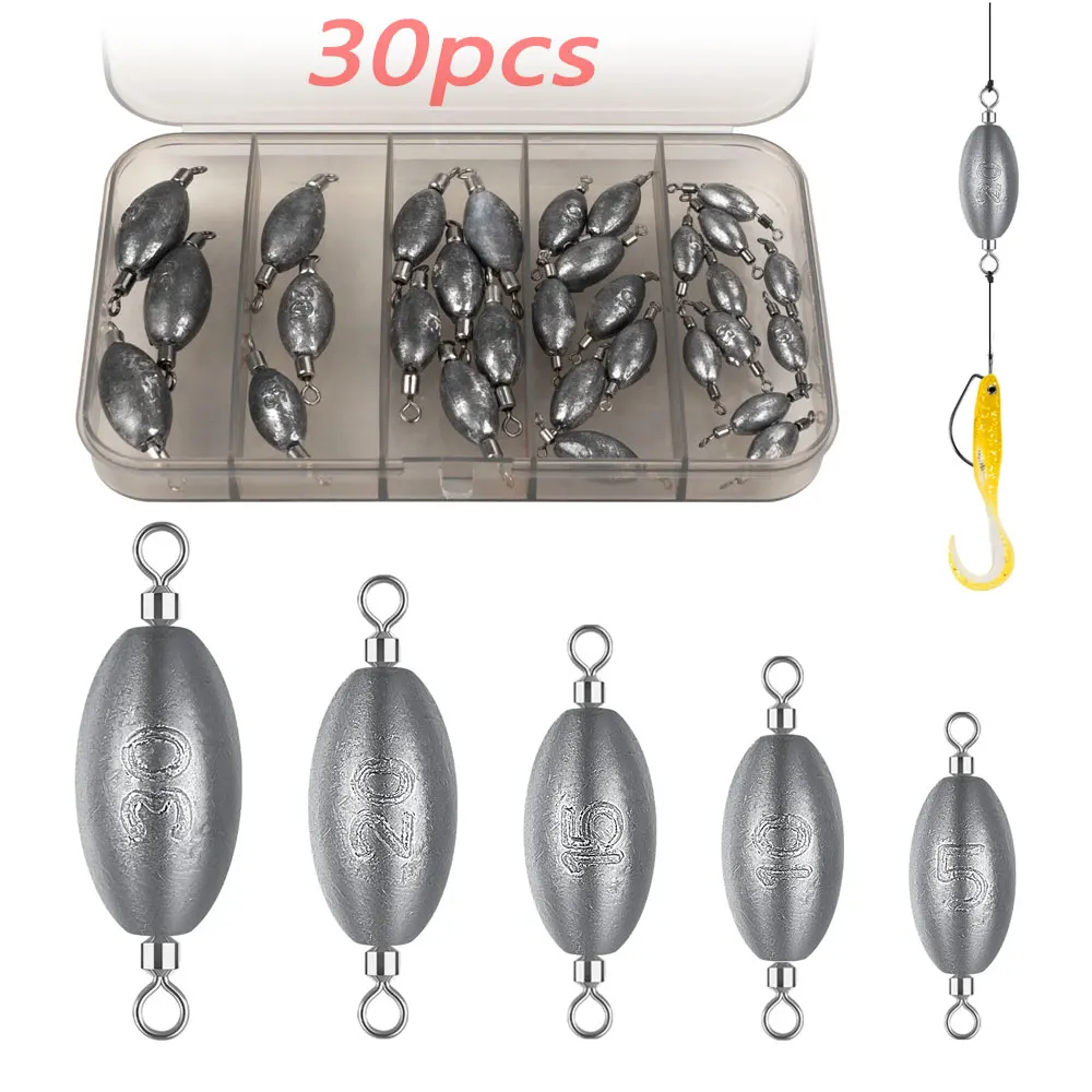 

30pcs Fishing Lead Weights Kit 30g 20g 15g 10g 5g Egg Shape 360° Rotation Swivels Fishing Leads Sinkers For Freshwater Saltwater