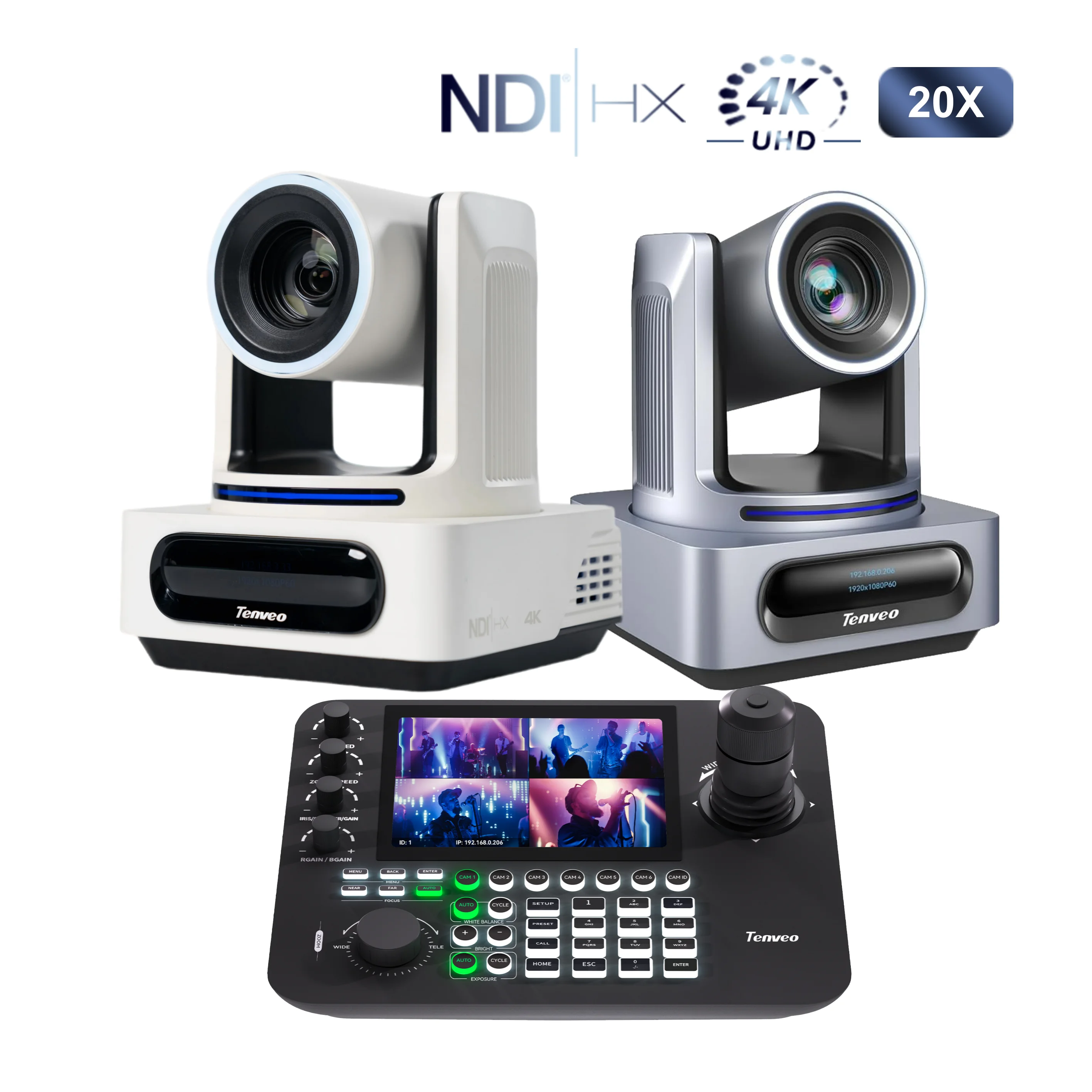 VX20M-4K 4K NDI PTZ Camera AI 20X Zoom SDI/HDMI/USB3.0/LAN PTZ Camera*2 and IP Keyboard Controller Livestreaming System