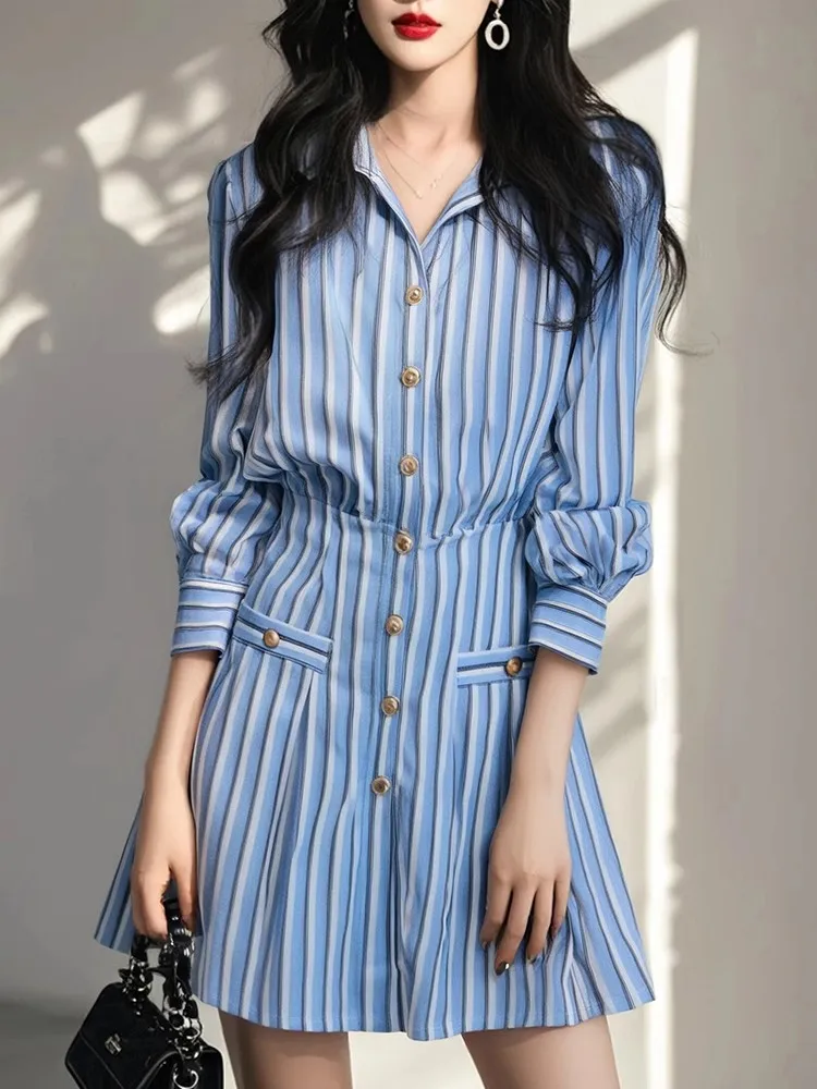 Novo azul listrado vestidos elegantes feminino verão polo manga longa único breasted magro a linha vestido curto senhora do escritório camisa vestido