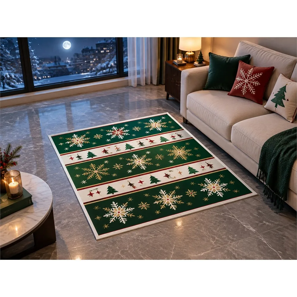 VIKAMA Christmas Pine Gold Snowflake Flannel Door Mat, Soft Washable Xmas Door Mat, Christmas Decor for Guest Room, Mudroom