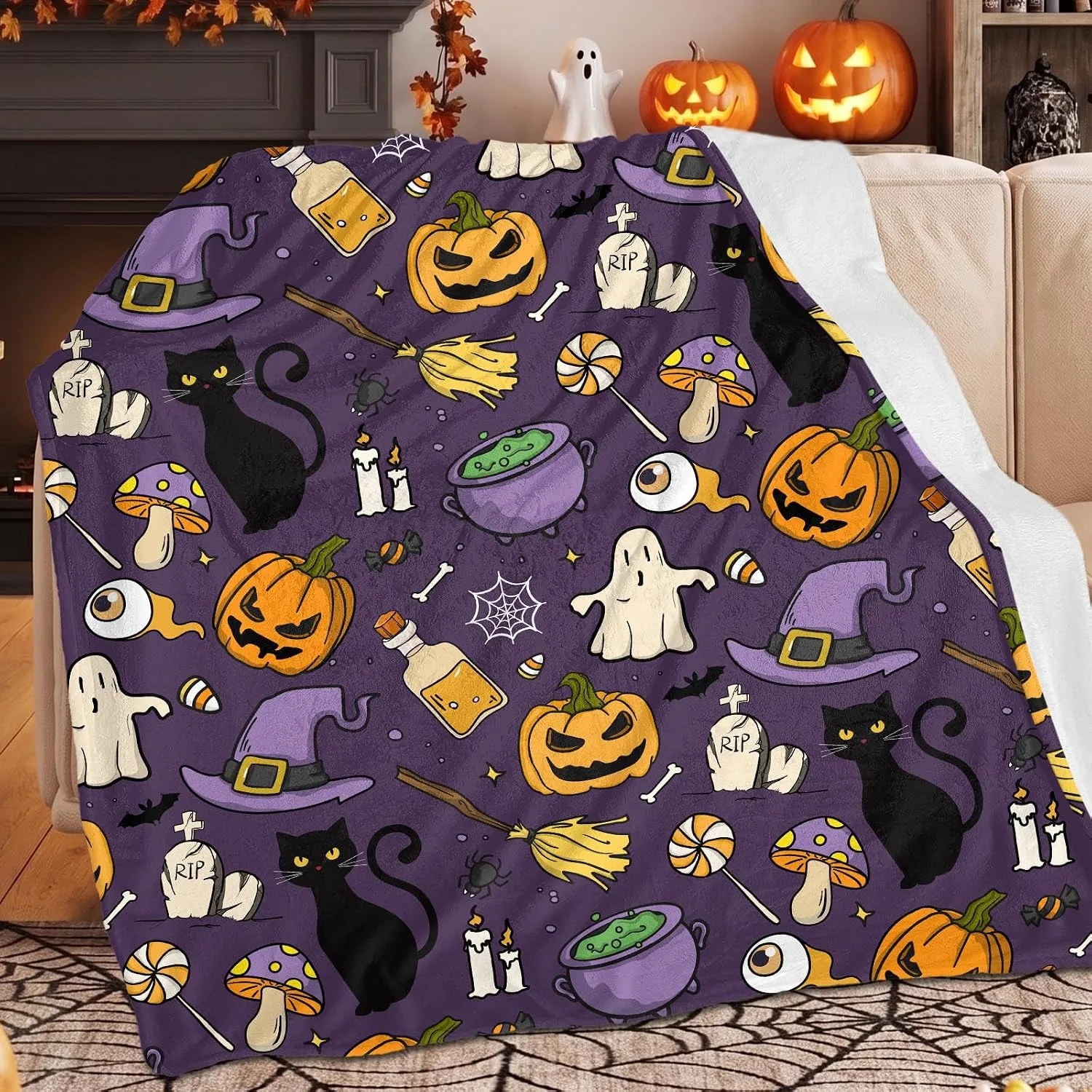 1PC Halloween X-mas Theme Witch Cts Ghost Reindeer Blanket for Couch Throw Flannel Thin Blankets Festival Gifts Four Season Use
