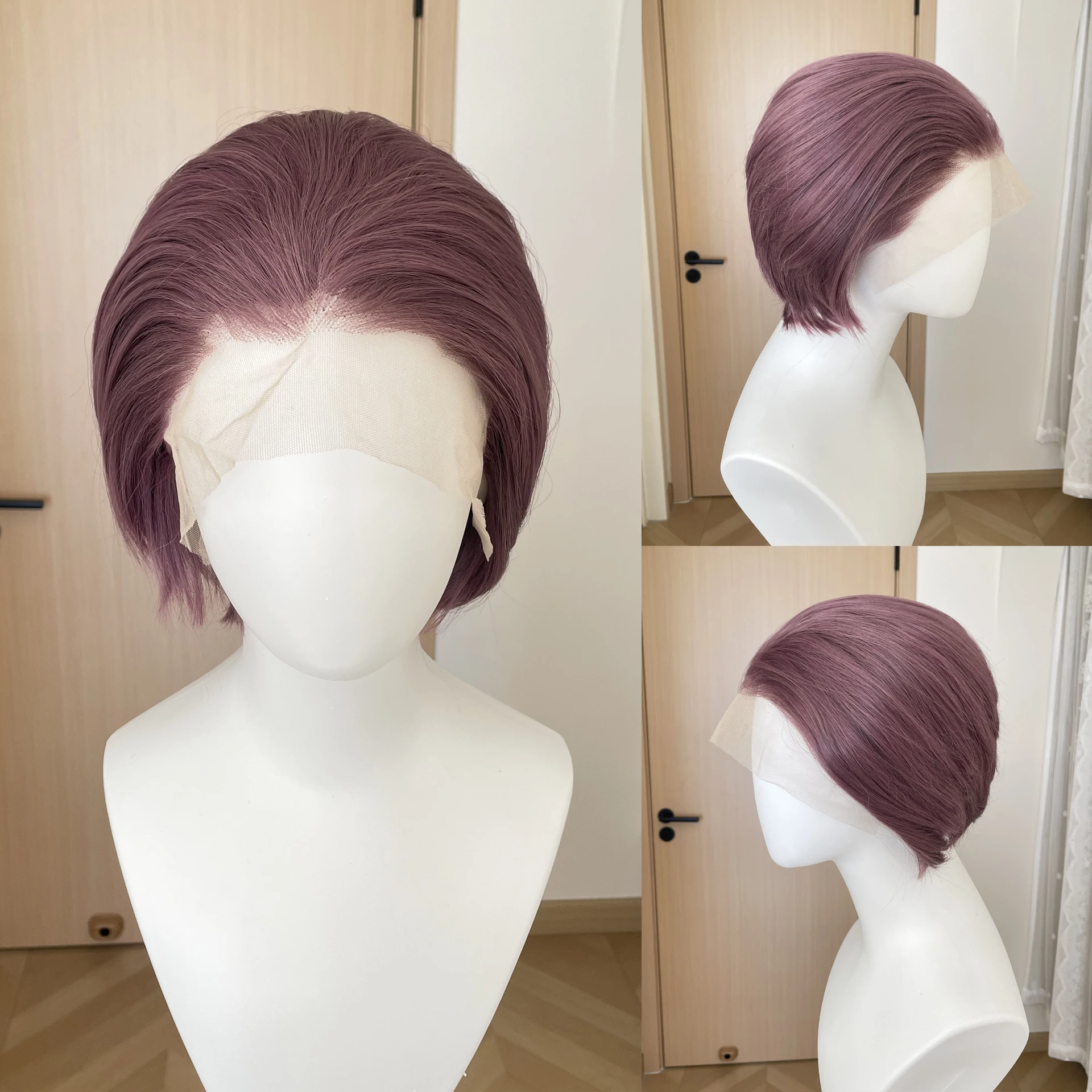 Pelucas cortas de corte bob moradas mixtas para mujer, pelucas sintéticas de cosplay para hombre, pelucas sin pegamento con encaje frontal 13x4, pelucas pixie semi-anchas atadas a mano 150%