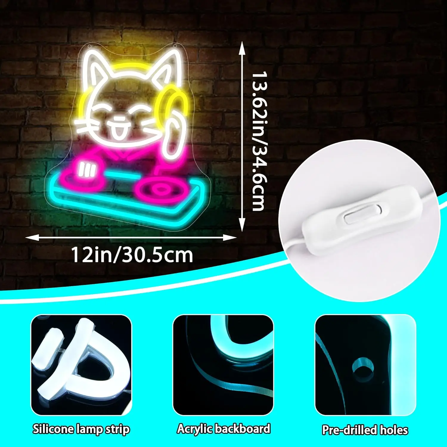 DJ القط النيون تسجيل عكس الضوء القط الموسيقى النيون ضوء جدار ديكور للرجل كهف غرفة الموسيقى استوديو المرحلة قاعة الرقص بار غرفة نوم حفلة Bi #3