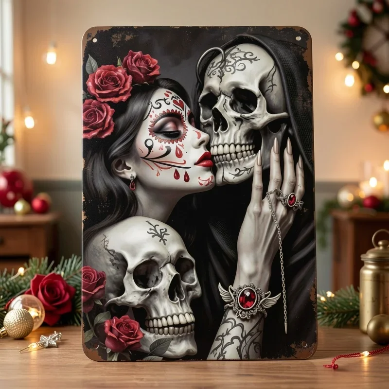 CIFBUY Retro-Totenkopf-Rosen-Blumenmuster, Aluminium-Wandkunst, wasserdicht, verschleißfest, Metallschild, Bar, Café, Strand, Villa, Hinterhof-Dekoration