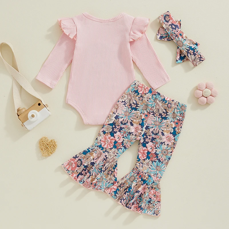 Baby Clothing Girl Autumn Fall Outfit Letter Print Long Sleeve Ribbed Romper Flower Flare Pants Tie Headband Clothes Set