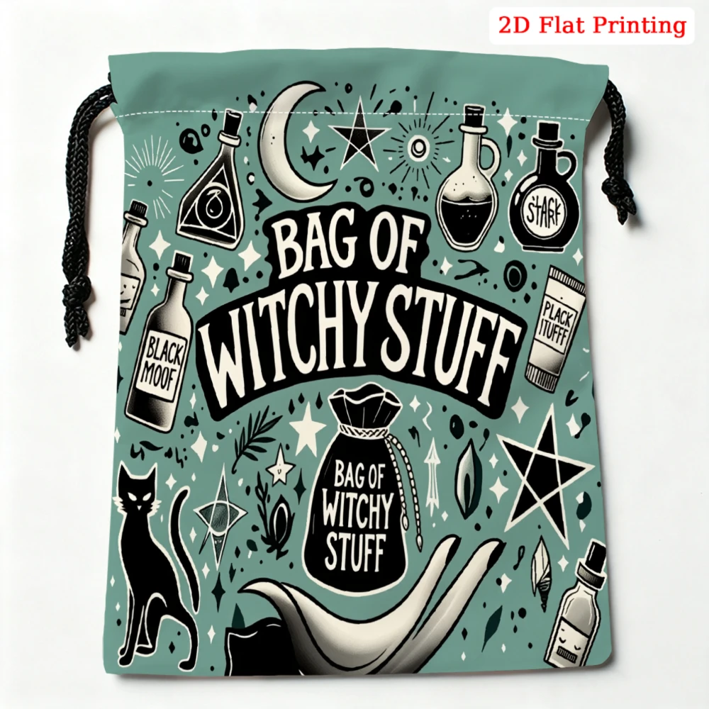 1Pc Witchy Style Drawstring Bag Teal Moon Stars Bag Of Witchy Stuff Print Storage Small Pouch For Travel Gym Yoga Accessories Or