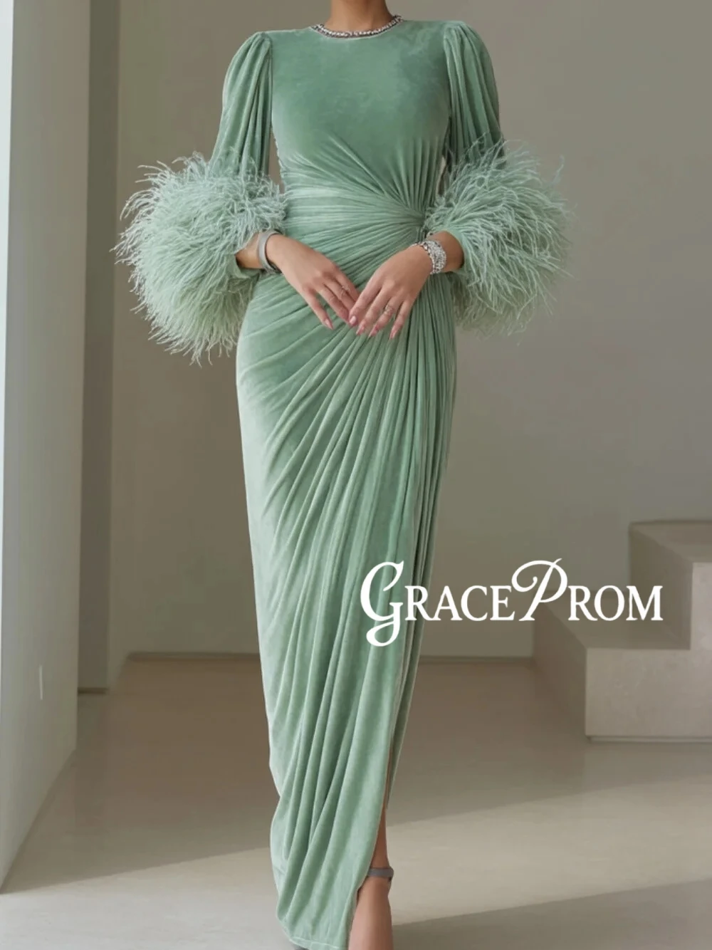 Elegant Sage Green Velvet Long Sleeve Evening Dress With Feather Cuffs Beaded Neckline High Slit Formal Ruched Gorgeous Wear