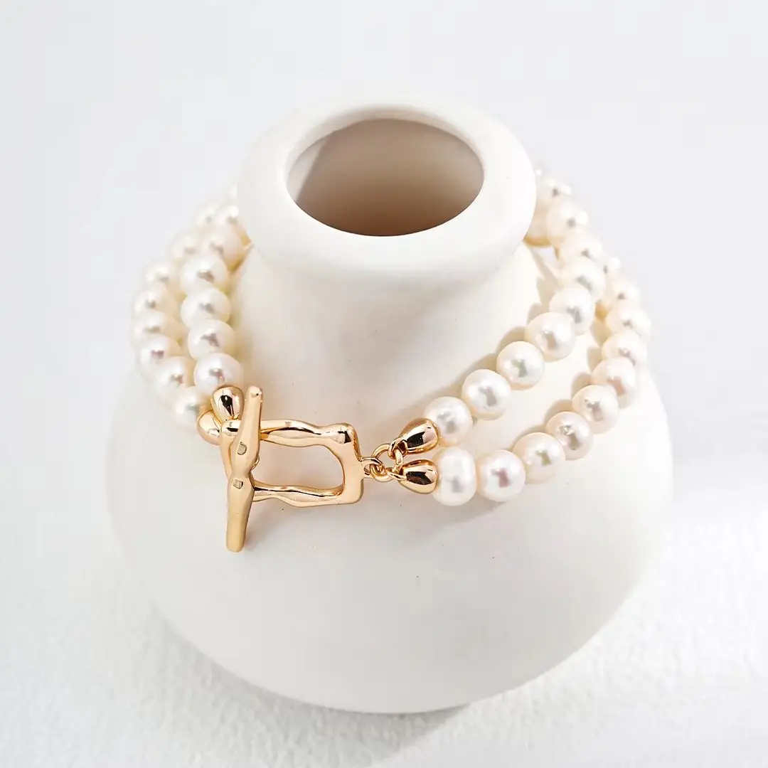 VOBIPY 925 Sterling Silver Natural Freshwater Pearl Bracelet Personality Pearl Double Bracelet Women\'s Party Wedding  Jewelry