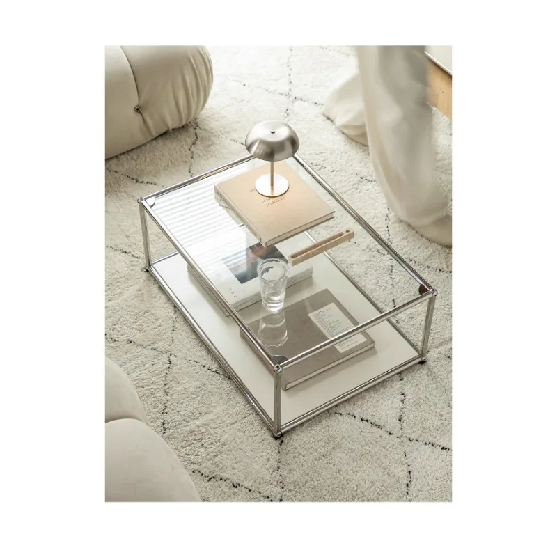 طاولة قهوة من الفولاذ المقاوم للصدأ، طاولة قهوة زجاجية حديثة وبسيطة لغرفة المعيشة المنزلية