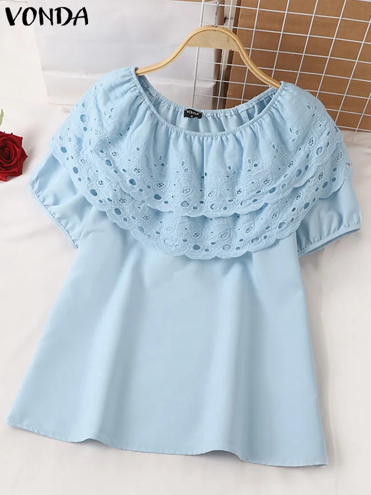 VONDA Sexy Lace Blouses Off Shoulder Tops 2024 Fashion Women Casual Short Sleeve Summer Shirt Loose Solid Color Ruffled Blusas