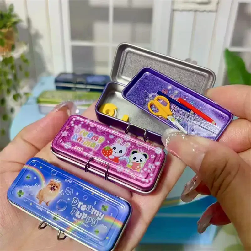 Dollhouse Miniature Double Layer Iron Pencil Box Pen Ruler Measuring Tape Scissors Model Micro Landscape Decor Pretend Play Toy