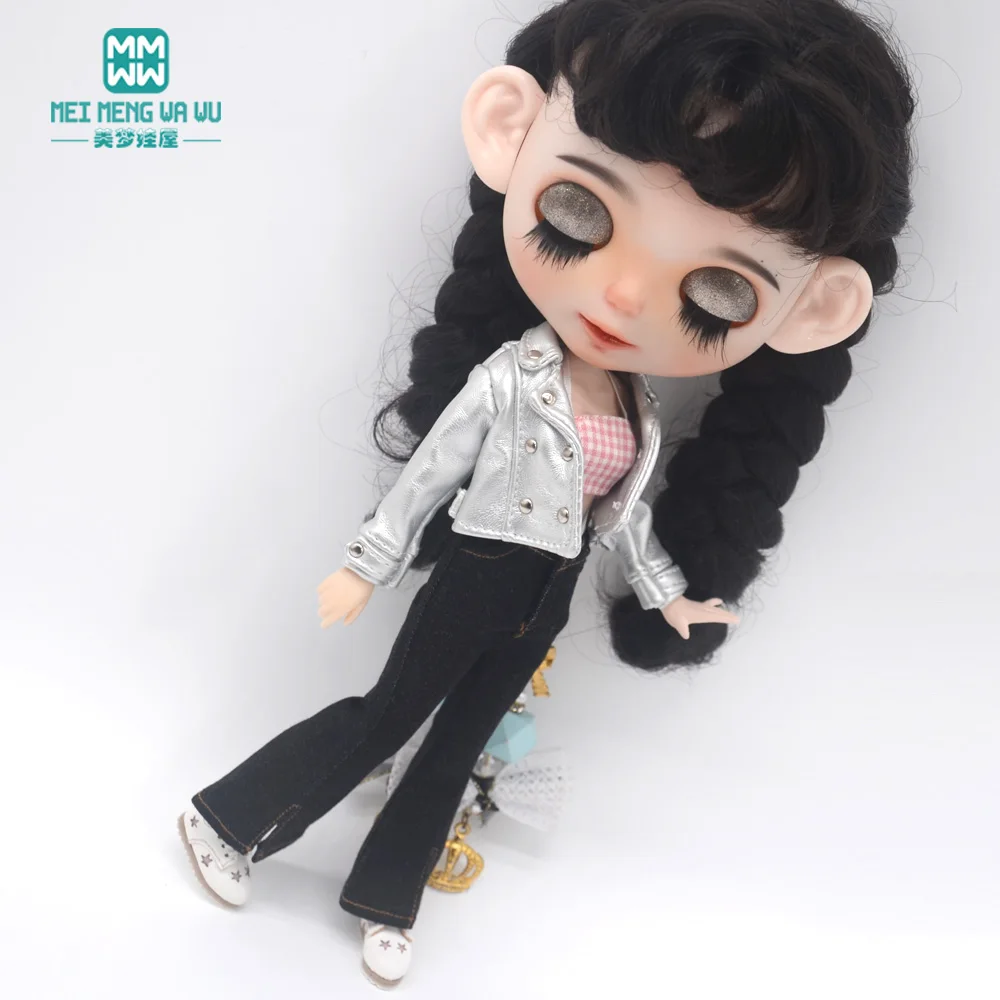 28-30cm Blyth Doll Clothes Azone OB24 Fashion Leather Jackets Jeans Flared Pants Tube Top Accessories Girls Gift Toys