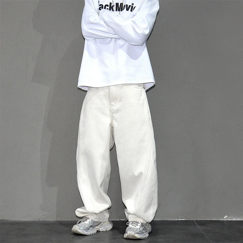 

American Street Style White Curved Wide Leg Denim Pants Men, Vibe Fashion Loose Versatile Jeans