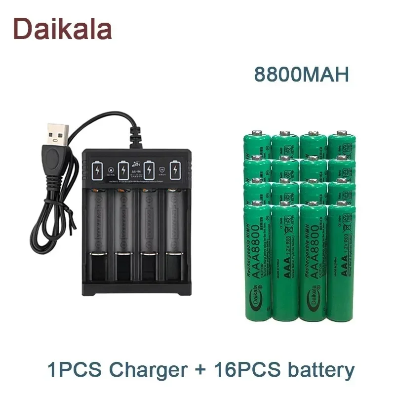 AAA  Alkaline Battery 1.2V 8800mAh, Flashlight, Toy, Watch, MP3 Player, Replacement Nickel Hydrogen Battery,+Charger