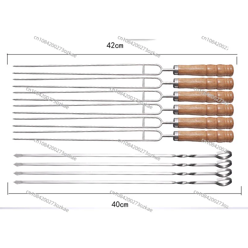 Outdoor Barbecue Fork Stainless Steel Skewers Prod Wooden Handle Double Fork BBQ Tool Set Utensils