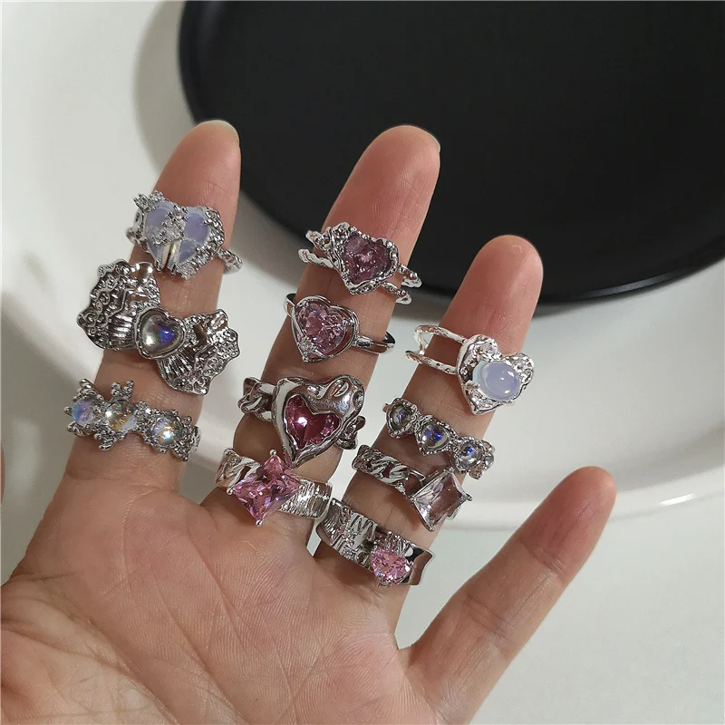 Pink Crystal Irregular Heart Ring for Women Creative Blue Opal Heart Open Ring Shiny Geometric Zircon Ring Vintage Y2K Jewely