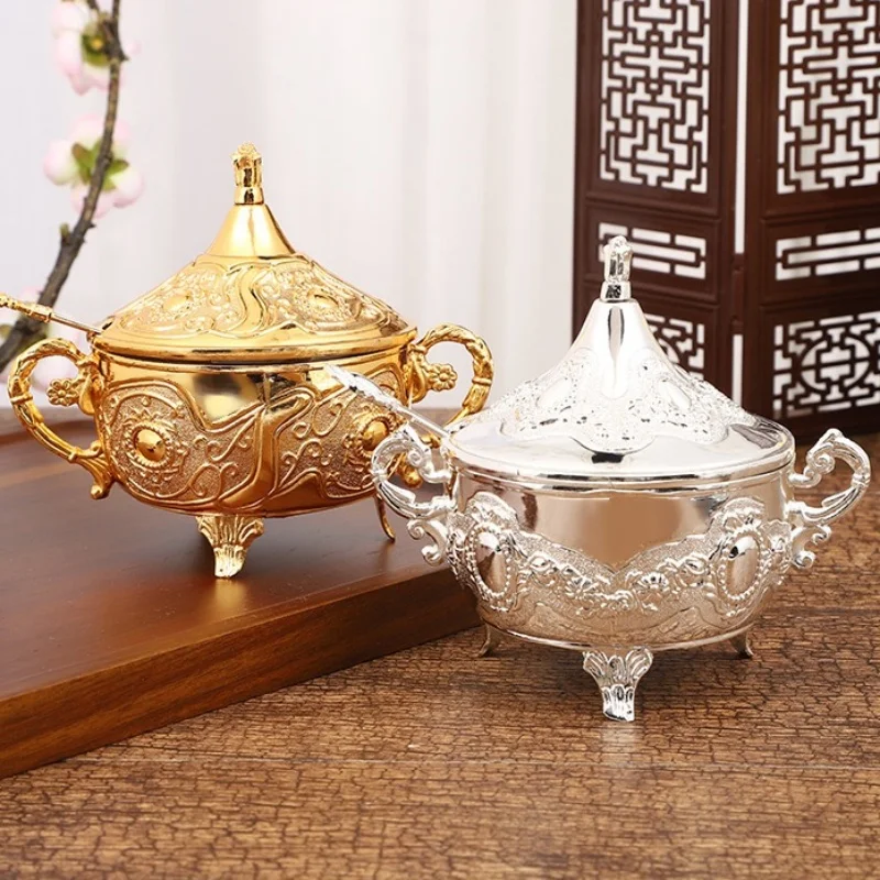 European Style Sugar Jar,Alloy With lid and Spoon Spice Seasoning Container Salt Organizer,Coffee Beans Jar,Kitchen Decorative