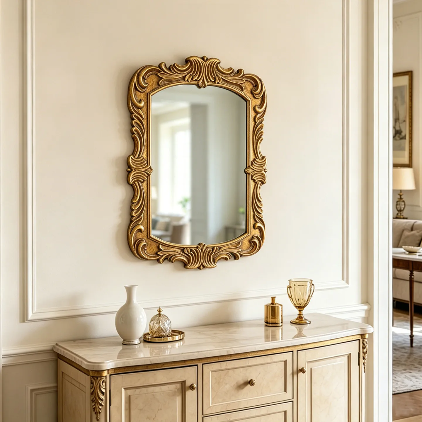 Entrance living room wall-mounted mirror carved border golden bed and breakfast hotel decorative mirror