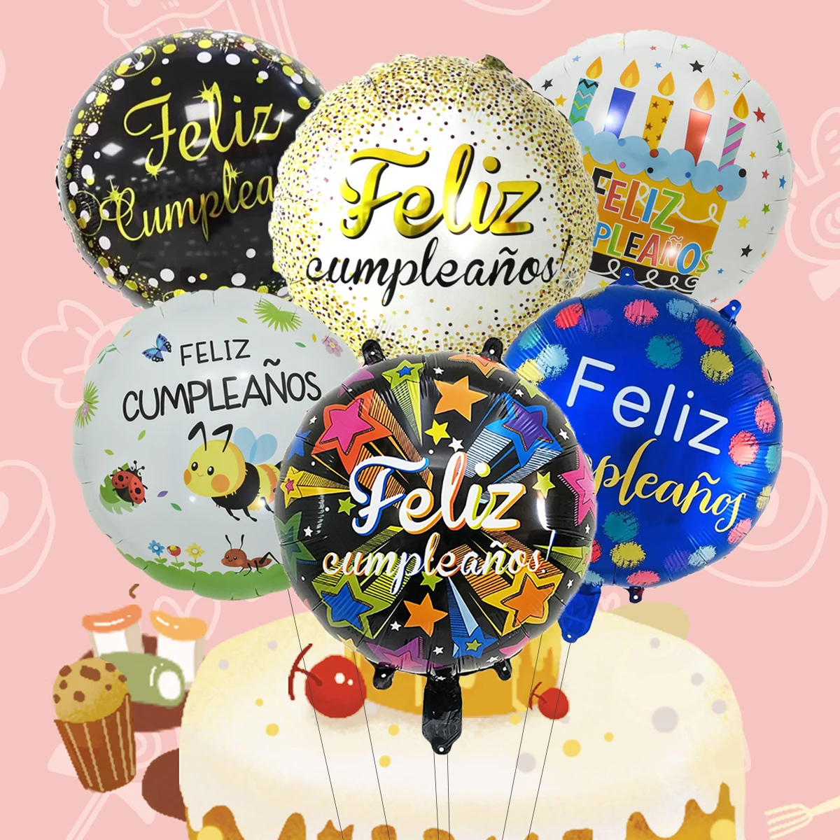 6pcs 18inch Round Spanish  Birthday Balloons Set Feliz Cumpleanos Balloon Birthday Party Decorations