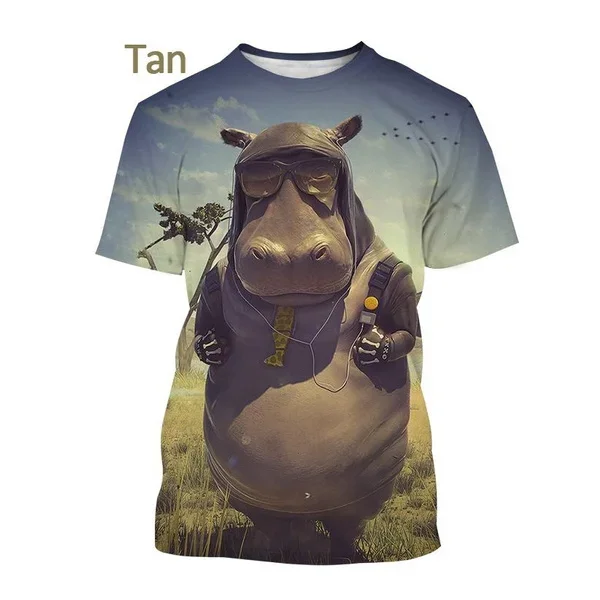 Summer Fashion Personality Hippo 3D Printing T Shirt Hip Hop Rock Casual Animal Short Sleeved Tee Shirts