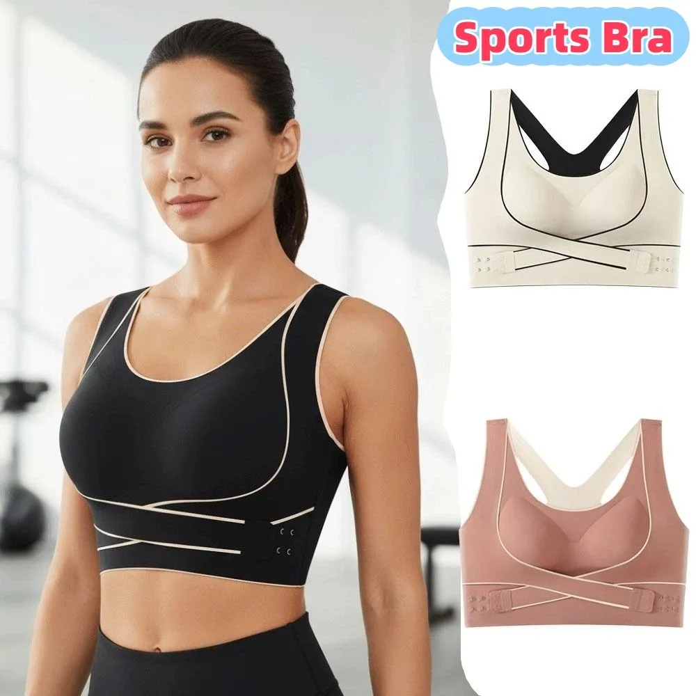 

Shockproof Wireless Padded Sports Bra Front Adjustable Buckle Breathable Training Fitness Bra Solid Color Comfortable