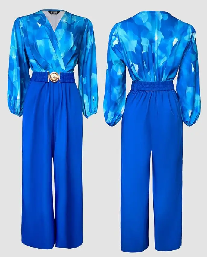 Tuta con maniche a lanterna con scollo a V increspato patchwork con stampa tie-dye blu Tuta da donna casual con elastico in vita posteriore a gamba larga con cintura