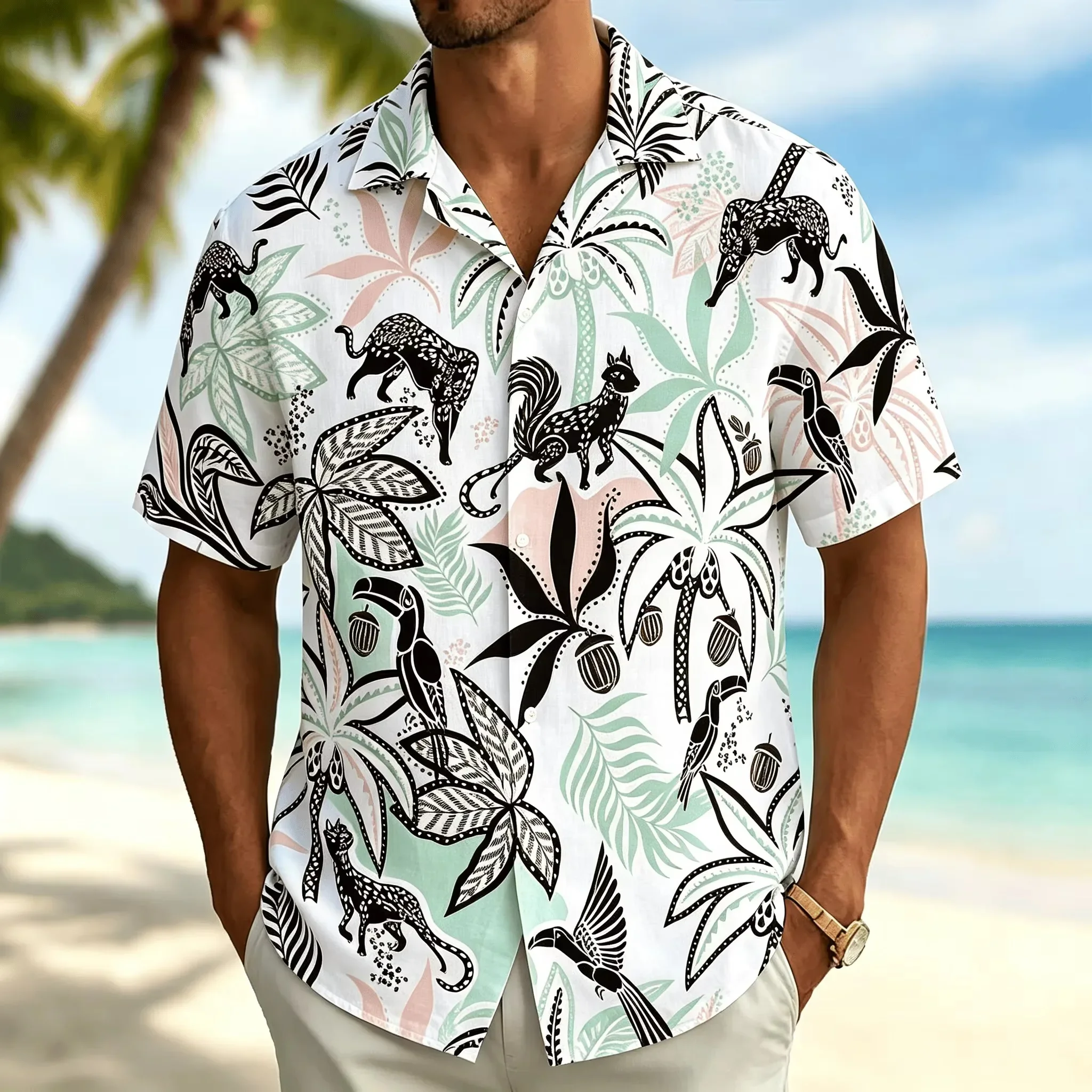 Men's Animal Print Short Sleeved Shirt, Casual Hawaiian Palm Leaf Button Up Shirt, Spring/summer Style