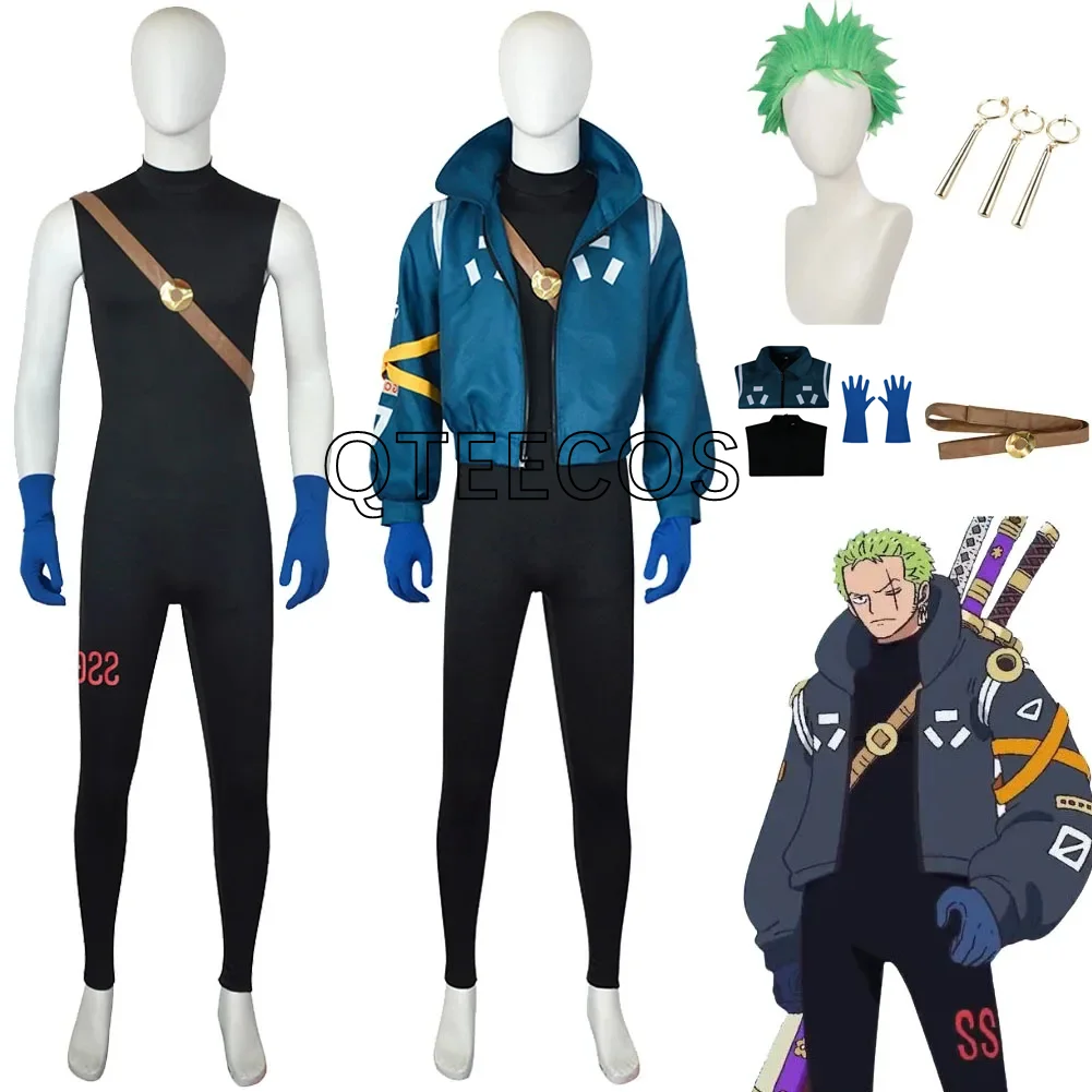 Roronoa zoro cosplay egghead ilha uma peça anime jaqueta traje peruca clipe de orelha meninos adulto halloween carnaval disfarce terno