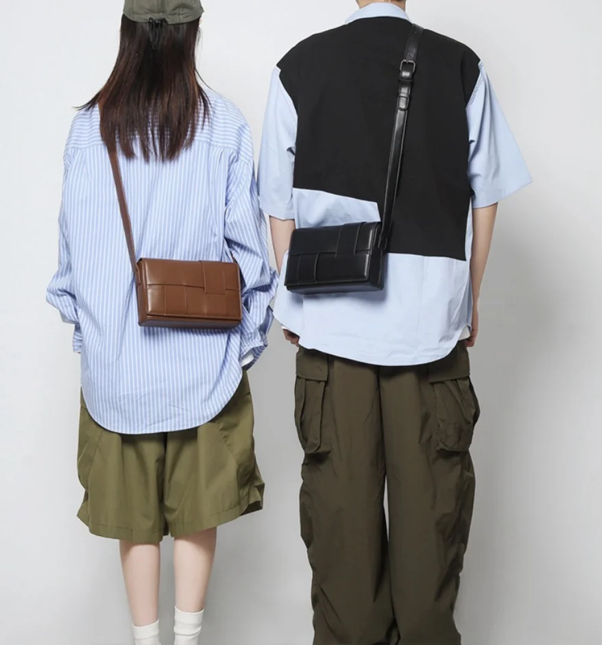 2026 New Fashion Weave Men Crossbody Bag Casual Business Pu Leather Men's Messenger Woven Vintage Shoulder Handbags Bags  сумка