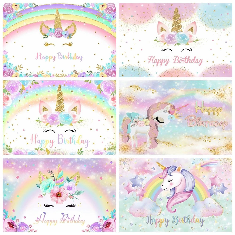 

Rainbow Unicorn Birthday Backdrop Photography Pink Floral Flower Princess Girl Newborn Baby Shower Party Background Photo Studio