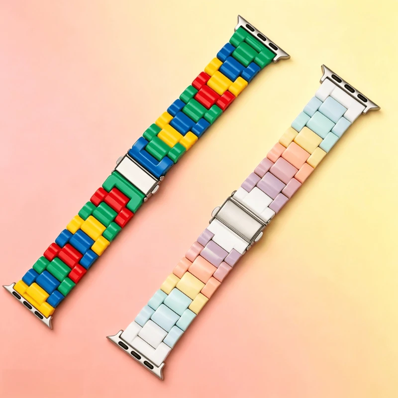 2 Colors Rainbow & Building Block Band For Apple Watch 10 9 8 7 6 5 4 ultra 2 Bracelet iWatch 38mm 40 41 42 44 45 46 49mm Strap