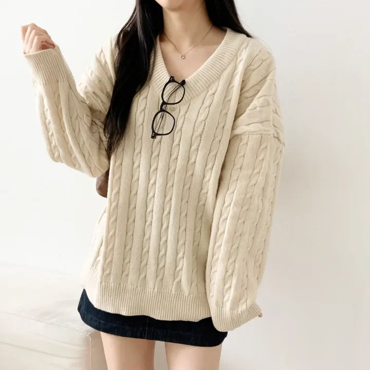 

Autumn Winter Chic Vintage Twist Lazy Sle Medium Length Sweater Simple V-ne Loose Versatile Thi Knitted irt