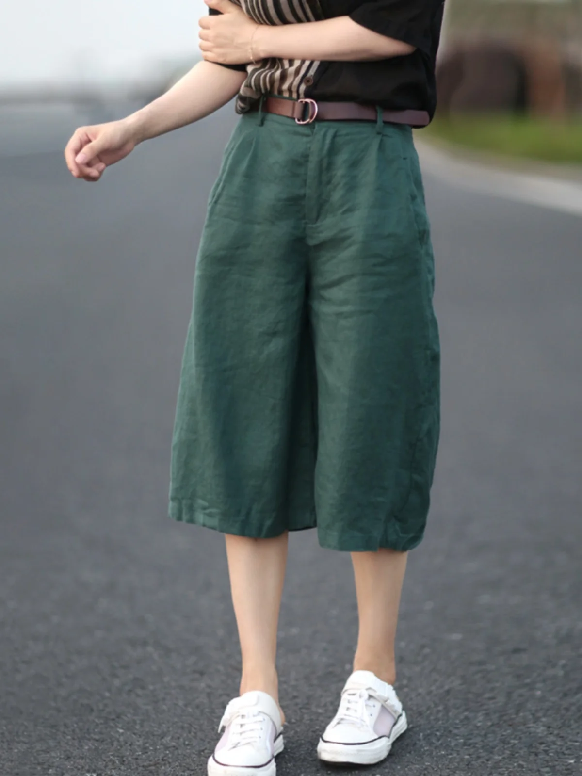 Retro Artistic Loose Slim Cotton Linen Wide Leg Pants Women Summer Casual Linen Five-Point Shorts Straight Mid-Length Shorts ...