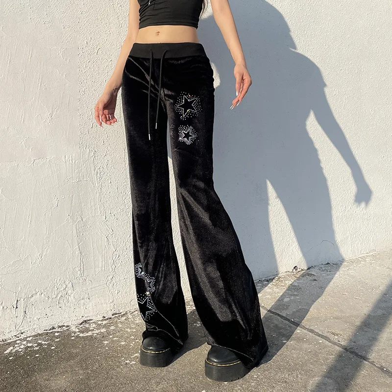 Y2K Rhinestones Star Velvet Flared Pants Aesthetic High Waist Baggy Sweatpants Jogging Casual Basic Boot Cut Trousers