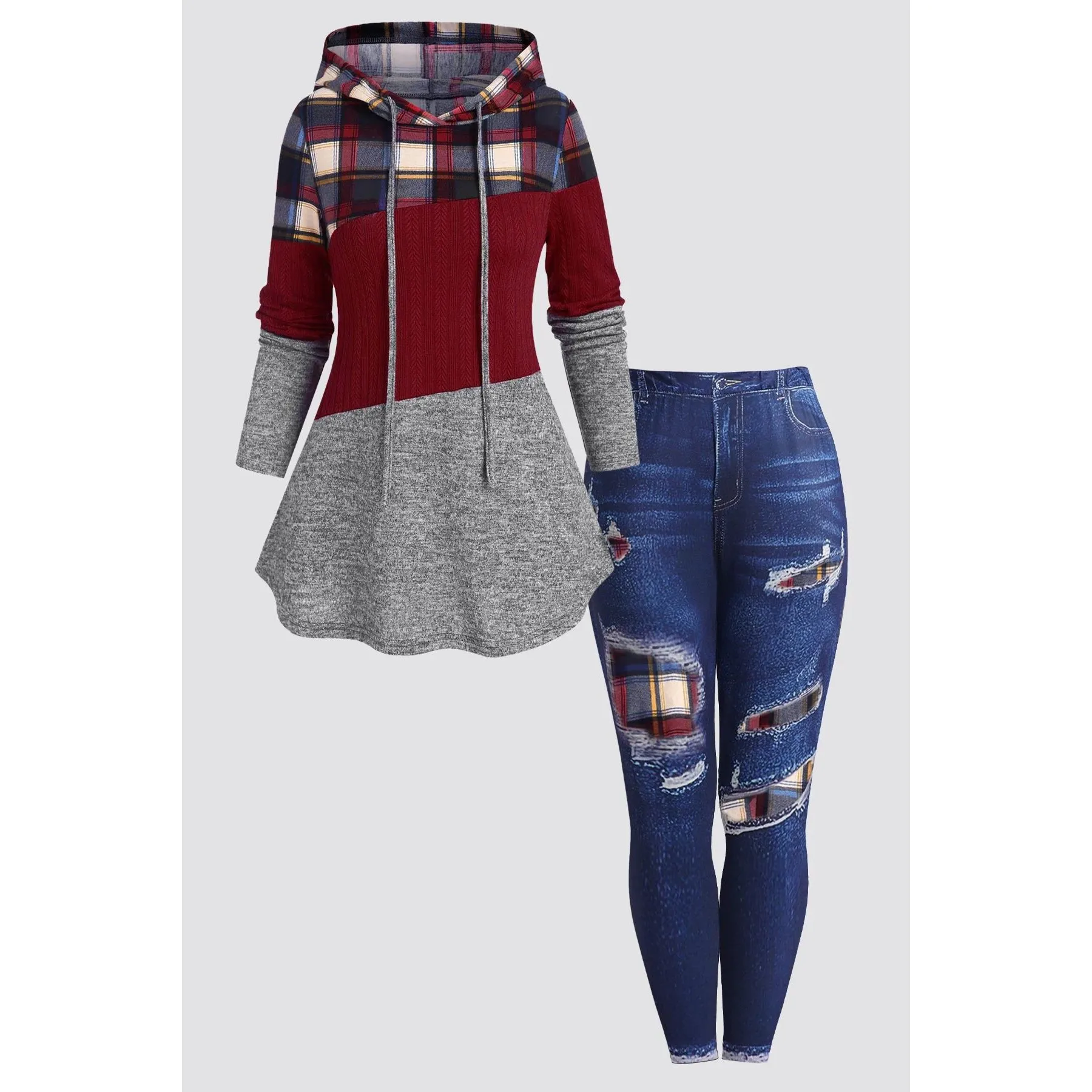 

Плюс размер Colorblo клетчатый свитшот с капюшоном женский костюм повседневный удобный зимний комплект одежды большого размера