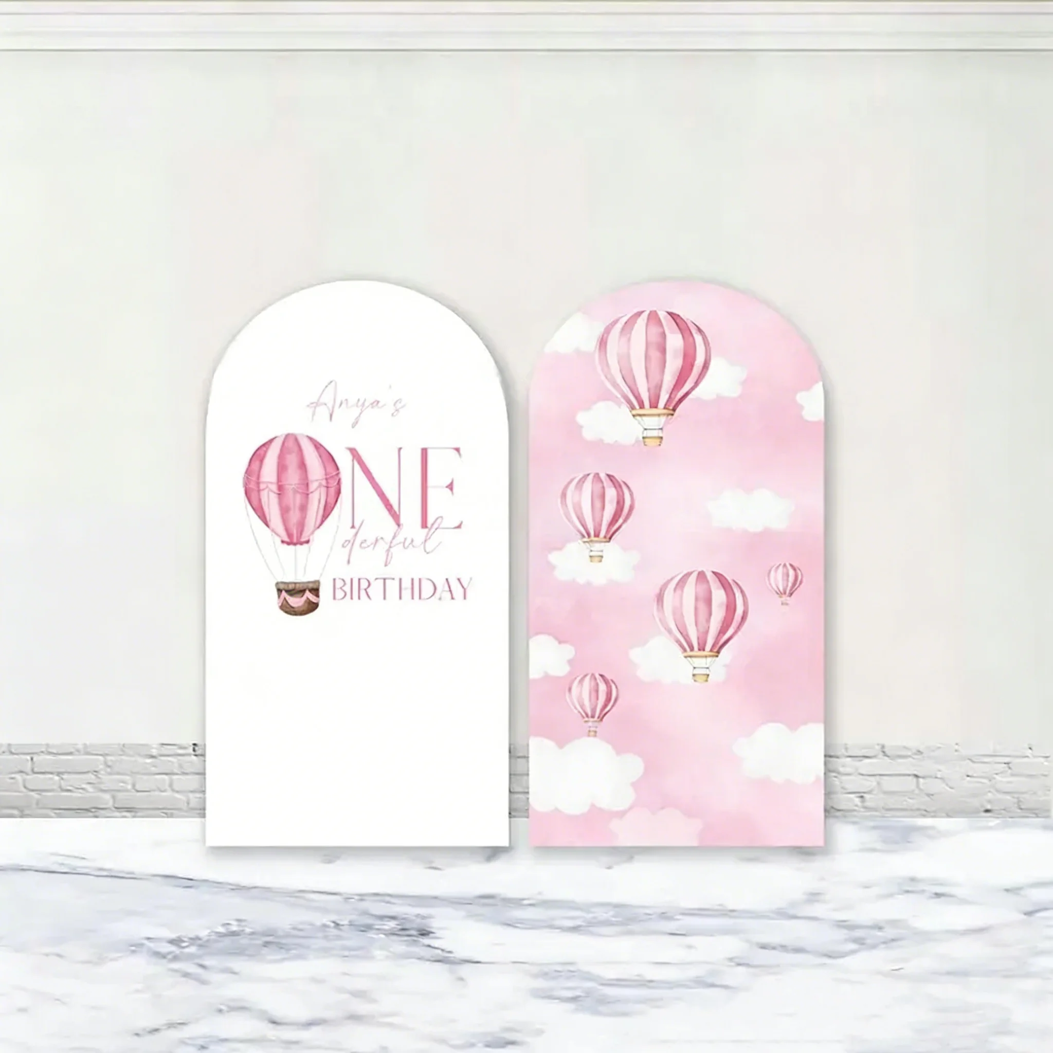

LS Custom 2-Sided Pink Hot Air Balloon Baby Shower Clouds Sky Blue Birthday Covers Chiara Arch Background Decor Backdrop Photo