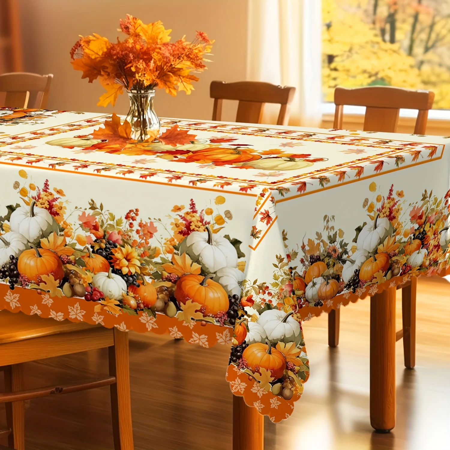 One tablecloth with a harvest theme, featuring the colors of white, orange and brown, representing a bountiful harvest.