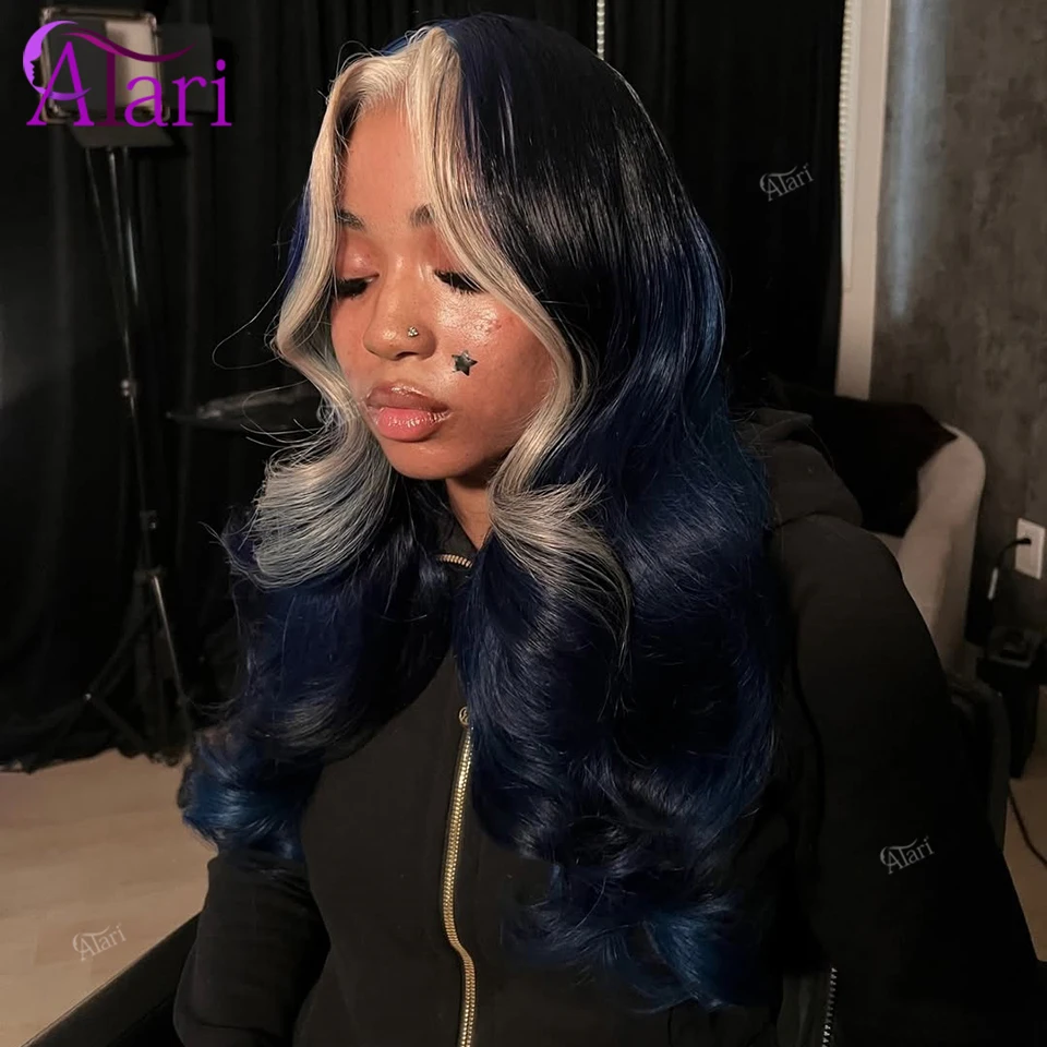 

13X4 13X6 Blue Blonde Stripe Human Hair Lace Frontal Wigs Midnight Blue Transparent Lace Front Wig Brazilian Hair Pre Plucked