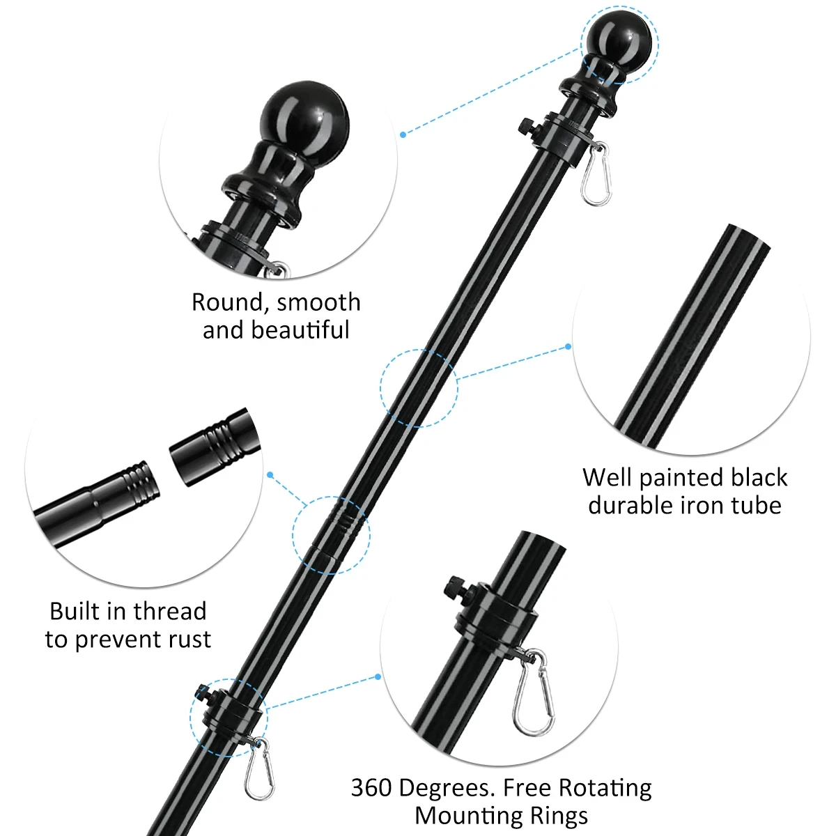 Asta portabandiera telescopica da 1.8M con anelli rotanti 360 senza grovigli guida in acciaio inossidabile Banner asta portabandiera montaggio a