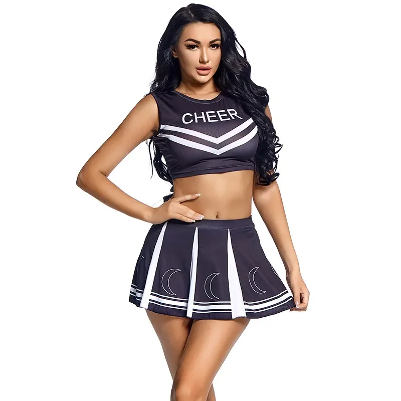 Women Cheerleader Costume Top Skirt Socks Set Outfit Schoolgirl Cheer Pompom Uniform Halloween Sexy Gleeing Fantasia Fancy Dress