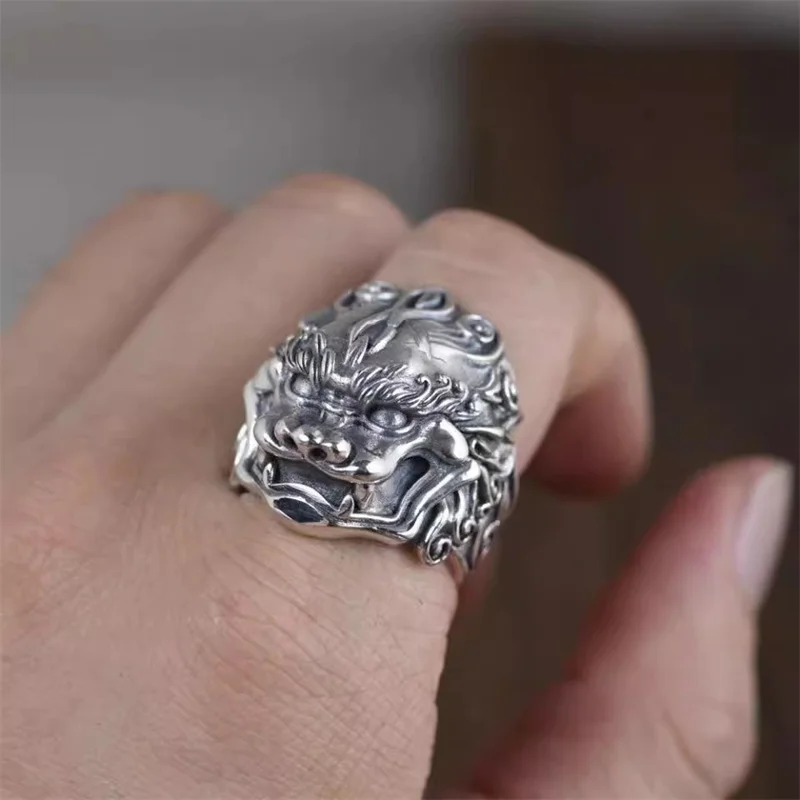 Vintage Relief Animal Pixiu Ring Men Index Finger Accessories Open Size Lucky Wealth Auspicious Divine Beast Ring Male Jewelry