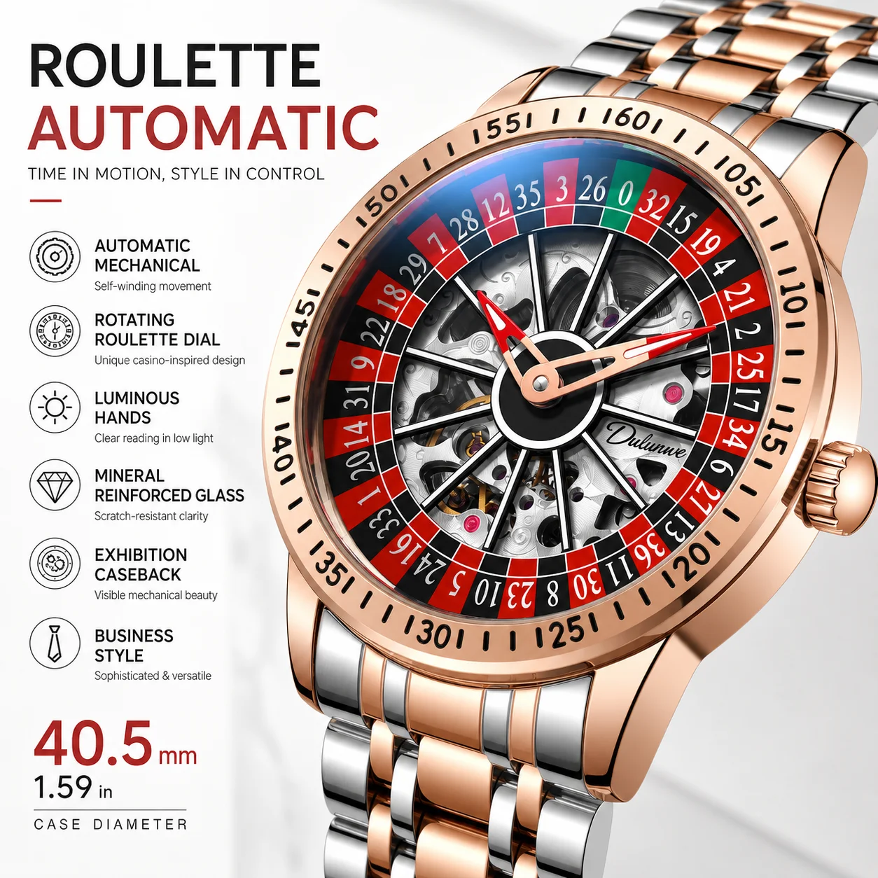 

Men's Automatic Mechanical Watch 40.5mm Rotating Roulette Dial Luminous Hands Exhibition Caseback Stainless Steel Bracelet